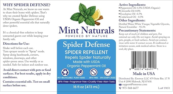 Spider Defense – Natural Spider Repellent Indoor & Outdoor, Peppermint Oil Spray for Home, Cabins, Garages, RVs & Commercial Use – Eco-Friendly Pest Control, 16oz Made in USA