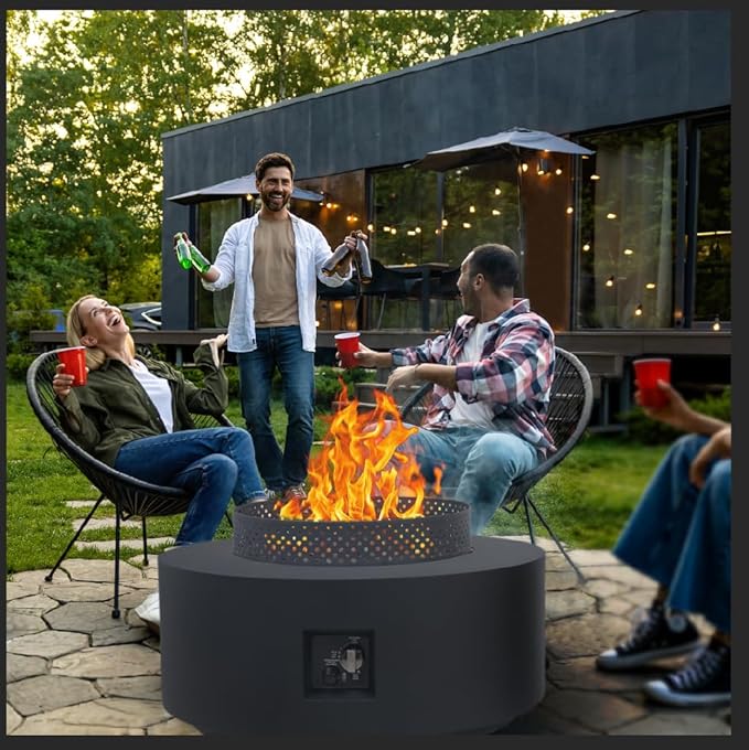 3-Piece Outdoor Fire Pit Table, 32 Inch Propane Fire Table 65,000 BTU Black Round Gas Firepit, Baking Sheet, Wind Guard and 16 inches Tank Side Table for Deck, Backyard and Pool, Black