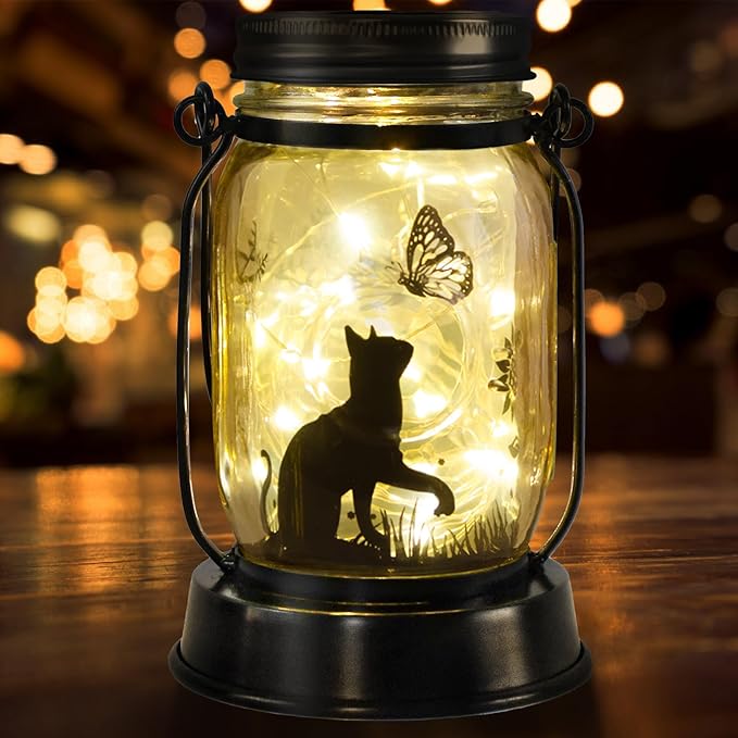 Cat Solar Lanterns Cat Gifts for Women Men Cat Lovers Gifts Hanging Cat Lanterns with Stake for Yard Lawn Garden Decor Black Cat Lantern Torches