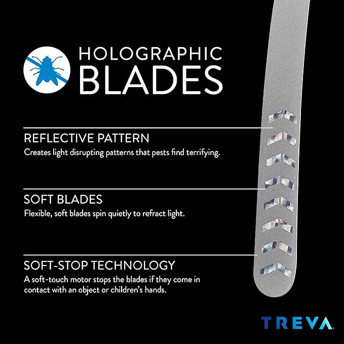 Treva Bug Fan Fly Deterrent with Adjustable Height and Holographic Blades, Telescoping Battery Powered Fly Fan to Clear Bugs, Mosquitoes, and Flies