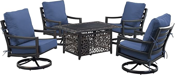 Oakland Living Black Aluminum Patio Fire Table Set with Four Club Chairs with Blue Cushions