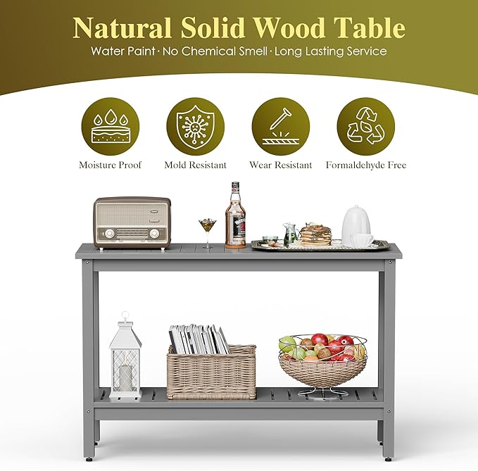 SUPER DEAL 48 inch Outdoor Console Table, 2-Tier Solid Wood Side Table Multifunctional Buffet Bar Storage Organizer with Adjustable Feet for All-Weather Indoor Outdoor Porch, Grey
