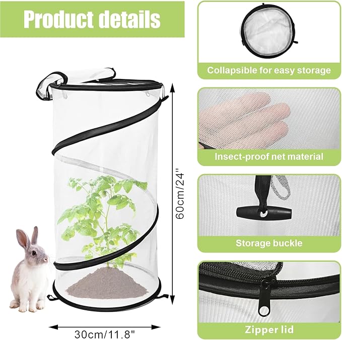 4 Pack Pop Up Plant Covers from Animals, 12"x 24"Round Foldable Insect Barrier Net Garden Plant Protectors with Stakes & Zipper, Bird Protection for Outdoor Vegetables Flowers Fruits Plants