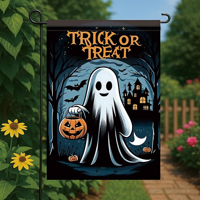 12x18 Inch Halloween Ghost Garden Flag Trick or Treat Ghost Yard Banner Pumpkin Lantern Outdoor Decoration Double Sided Seasonal Holiday Welcome Sign for Patio Lawn Home Party Fall Theme
