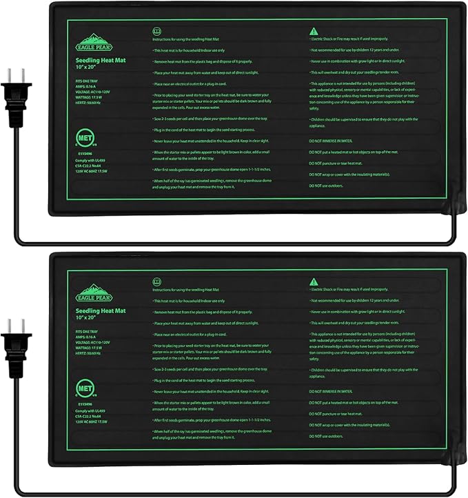EAGLE PEAK 2 Pack Waterproof Seedling Heat Mat 10” x 20”, UL & MET-Certified Heating Pad for Seed Starting, Seed Germination, Warm Hydroponic Gardening Heating Pad, Contains (2) Warming Mats