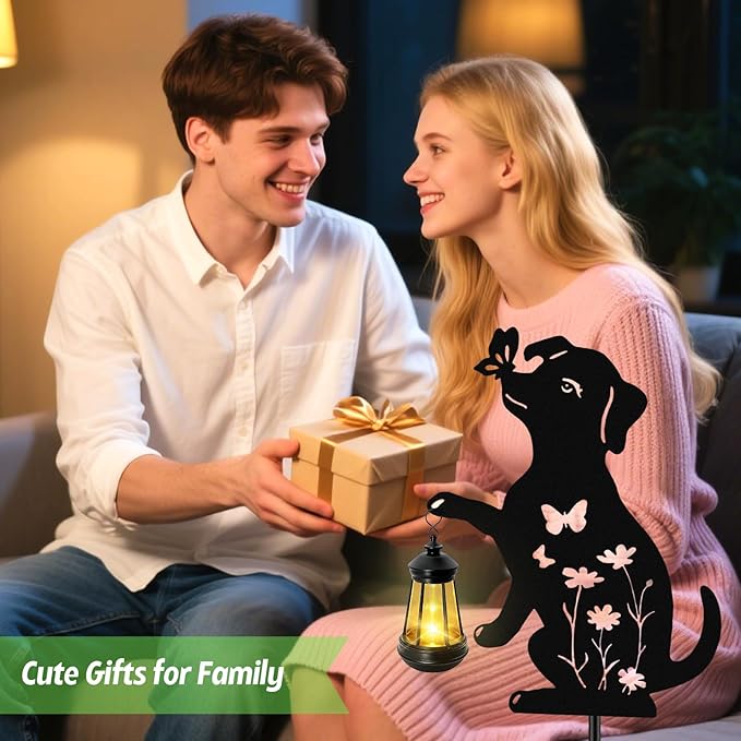 Solar Lights Outdoor, 2 Pack Metal Dog Solar Lights, Birthday Gifts for Women Mom Mother's Day Christmas, Waterproof Metal Hanging Lantern Stakes Garden Decor Outside Patio Yard Pathway Backyard,Lawn