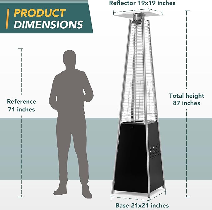 Pamapic Patio Heater with Cover, 48,000 BTU Pyramid Flame Outdoor Heater Quartz Glass Tube Propane