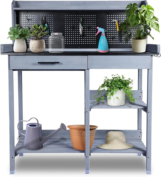 Outdoor Potting Bench Table,Garden Work Bench Metal Tabletop Horticulture with Shelf Rack Wooden Potting Benches for Outside with Holey Board/Hooks/Pads/Drawer/Adjustable and Cabinet,Gray