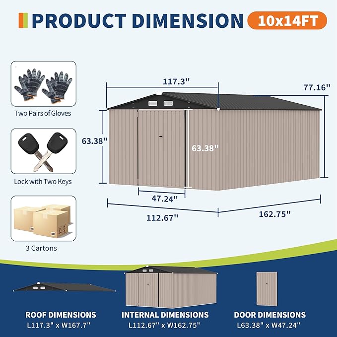 10x14 FT Metal Storage Sheds Outdoor, Metal ToolShed with Lockable Door, Metals Yard Sheds Metals Garden Shed Kit, MetalUtility Sheds Buildings with Air Vent for Backyard Garden Patio Lawn