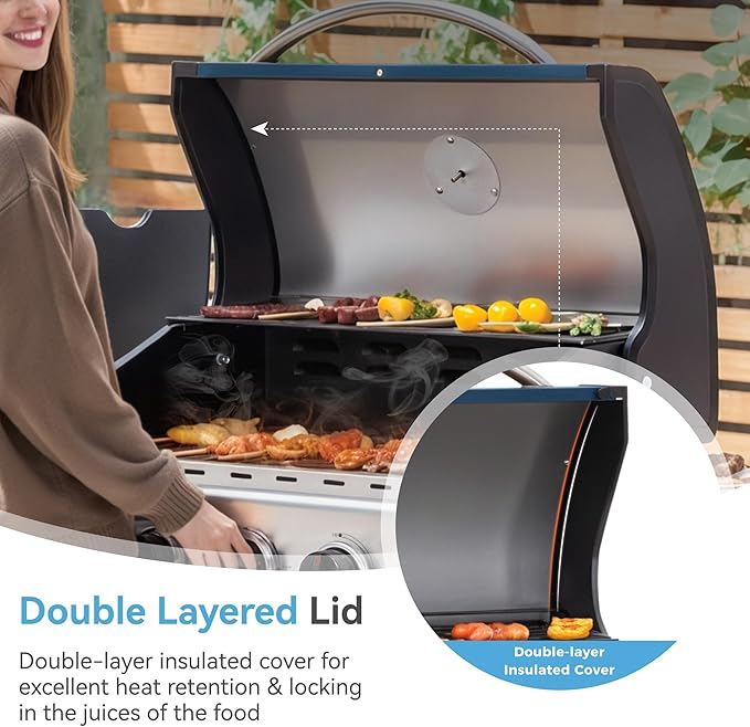 GREEN PARTY 4 Burner BBQ Propane Gas Grill with Side Burner & Porcelain-Enameled Cast Iron Grates, 545 SQIN Grilling Area 42,000 BTUs Barbecue Grill for Outdoor Cooking Garden Patio Backyard, Blue