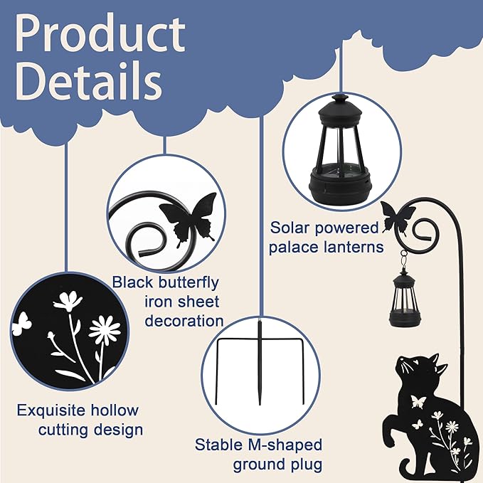 Solar Cat Lantern Garden Stakes - Outdoor Decorative Solar Lights for Yard, Patio, Pathway - Weatherproof Metal Cat Stake with Auto Night Lighting
