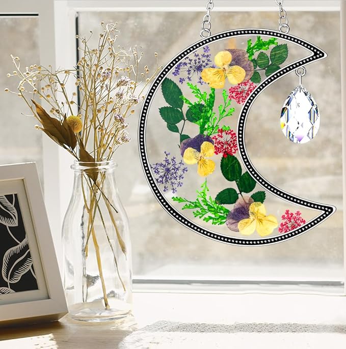 KY&BOSAM Crystal Moon Suncatchers Gifts for Mom Family Friends Stained Glass for Windows Wind Chimes Real Flower Colorful Crystal Outdoor for Garden Indoor Home Trees Patio Yard Porch Decor