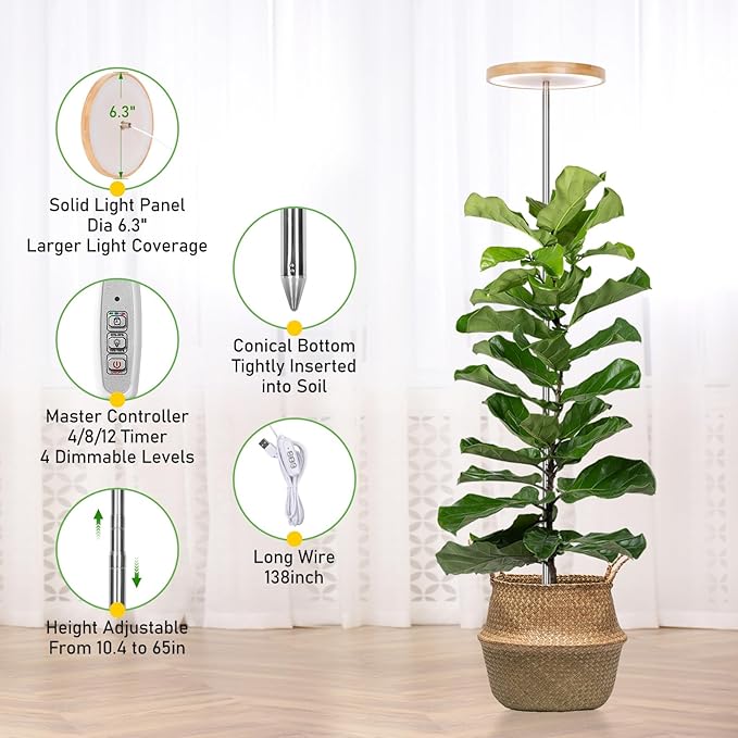LORDEM Bamboo Grow Light, Full Spectrum LED Plant Grow Light, Height Adjustable Growing Lamp with Auto Timer 4H/8H/12H, 4 Dimmable Levels, Ideal for Large Tall Plants