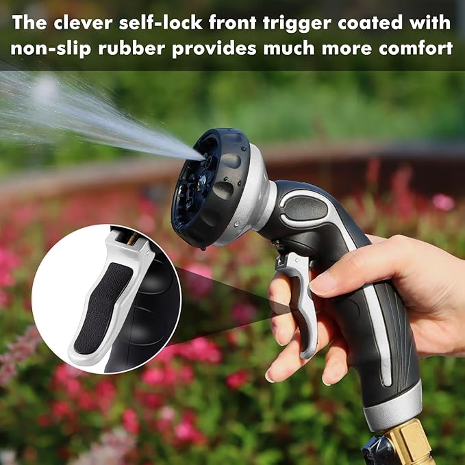 RESTMO Hose Nozzle with Easy Self-Lock Trigger, Heavy Duty Metal Water Hose Sprayer with 9 Spray Patterns and On/Off Valve, Ideal for Outdoor Lawn & Garden Watering, Car & Pet Washing, Silver