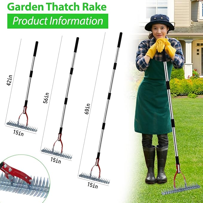 Thatch Rake, 15-inch Lawn Dethatcher Rake, Efficient Steel Metal Rake with Stainless Steel Handle, Heavy Duty Soil Rake, Grass Grooming Rake for Cleaning Dead Grass