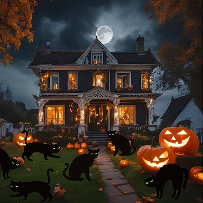 Upgraded 6 Pack Black Cat Halloween Yard Signs Outdoor with Glow in Dark Eyes，Scary Silhouette Halloween Decorations Outdoor for Pathway Graveyard Yard Garden Lawn Patio Party Supplies