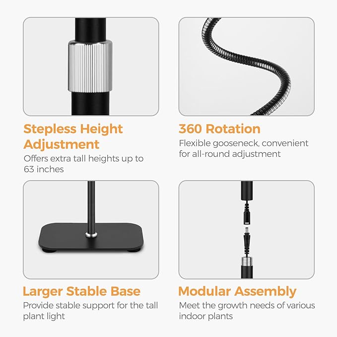 Grow Light for Indoor Plant, 20W Full Spectrum Round Growing Warm Lights,10 Dimmable Brightness,LED Floor Growing Lamp,Height Adjustable,Flexible Gooseneck,Automatic Timer for Large Tall Plants