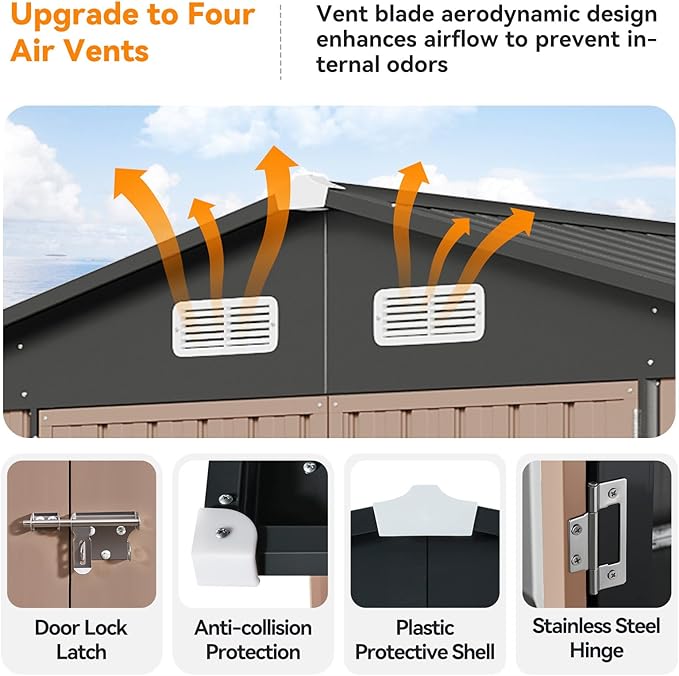 10x10 FT Metal Outdoor Storage Shed, Dual Doors with Lockable Bolts, Large Garden Shed for Yard Tools, Bike, Generator, Waterproof Galvanized Steel Panel with Vent & Sloping Roof (Brown)