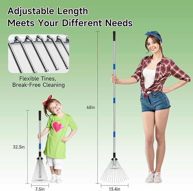SAN LIKE 68" Metal Rake With Adjustable Handle for Leaves, Thatch, and Lawns - Heavy Duty Leaf Collector for Garden and Yard