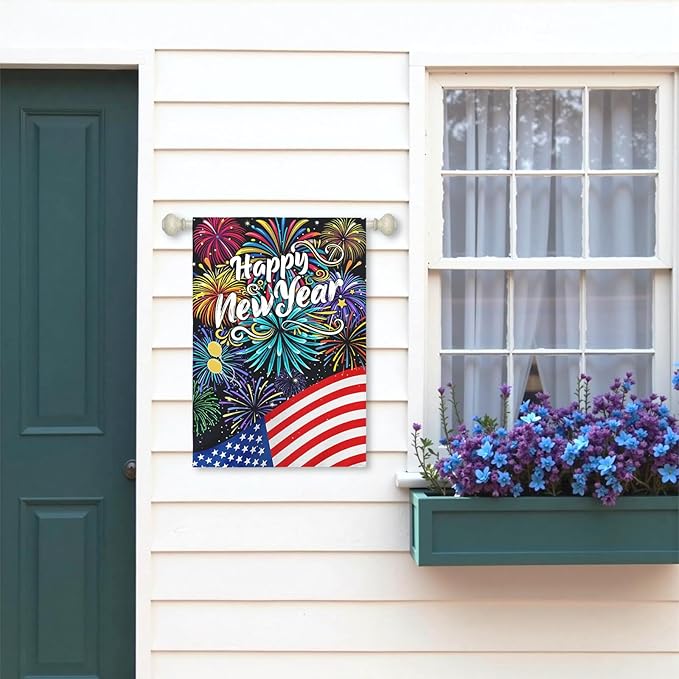 Happy New Year Garden Flag New Year Eve House Banner Double Sided American Flag Fireworks Wall Banners Balloon Holiday Celebration Party Yard Flags for Winter Festival Greetting 28 x 40 Inch