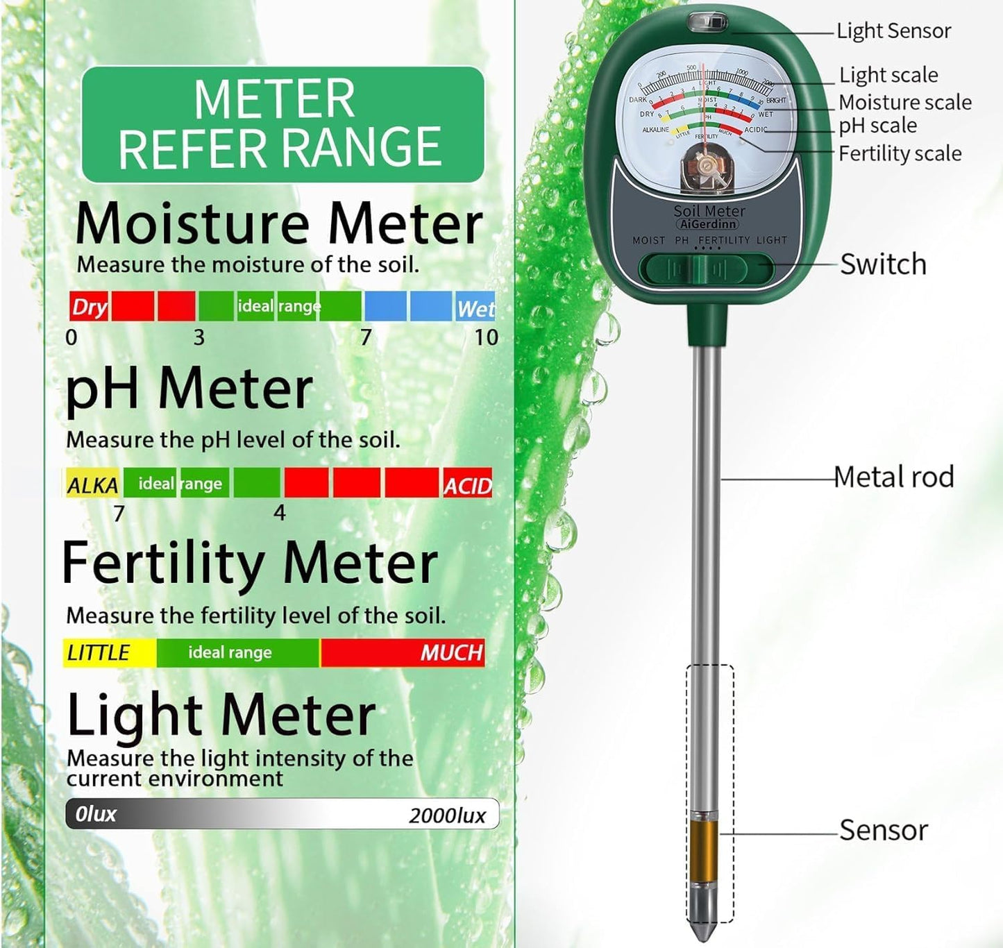 Soil Tester, Soil Moisture Meter/Soil pH Meter/Sun-Light/Fertility for Gardening, Large Dial Soil pH Tester Plant Water Meter for Indoor&Outdoor Garden,Farm Soil Test Kit-GrassGreen