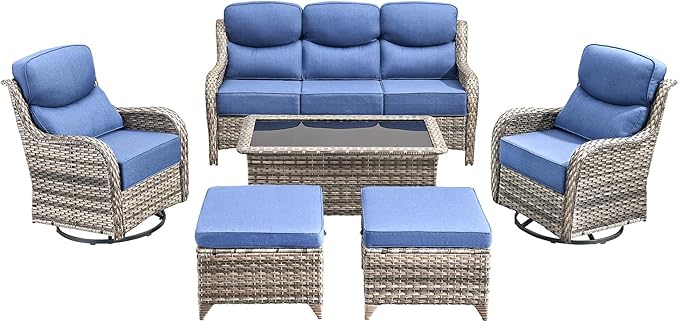 Luxury High Back Outdoor Furniture with 6-Inch Thick Cushions, Patio Furniture Set with Swivel Chairs, 6 PCS Wicker Conversation Set for Porch, Balcony, Deck and Yard