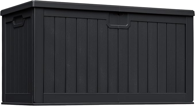 Greesum 230 Gallon HDPE Outdoor Storage Box with Removable Dividers, Weatherproof Oversized Deck Box for Patio, Garage, Garden, Black