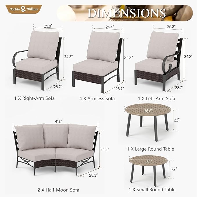 Sophia & William Half-Moon Patio Furniture Set for 10, Curved Outdoor Sofa Conversation Set with Coffee Table,Wicker Patio Sectional for Backyard, Beige