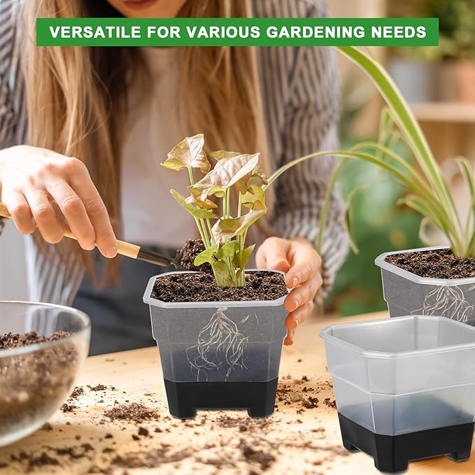 Aobiono 10 Packs 4 Inch Clear Nursery Pots with Reinforced Silicone Base for Easy Transplant, Reusable Seed Starter Seedling Small Plant Flower Pots with Drainage (Black, 10 Packs)