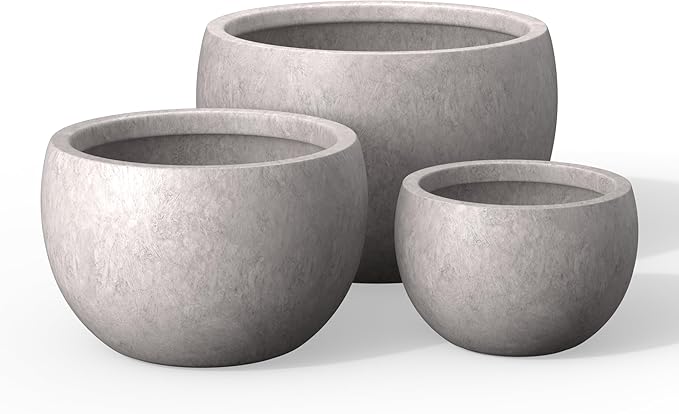 Kante 19.9",15.7",11.8" Dia Round Concrete Planter Set of 3, Outdoor/Indoor Large Bowl Plant Pots with Drainage Hole and Rubber Plug for Garden Patio Balcony Home, Light Gray