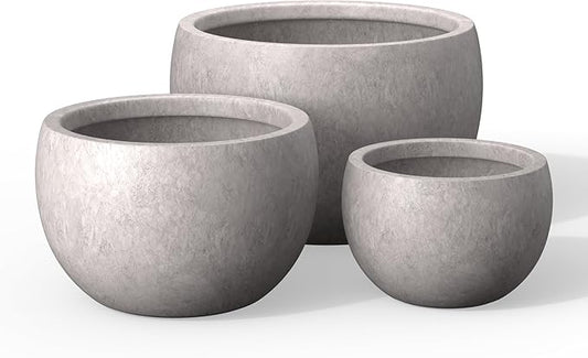 Kante 19.9",15.7",11.8" Dia Round Concrete Planter Set of 3, Outdoor/Indoor Large Bowl Plant Pots with Drainage Hole and Rubber Plug for Garden Patio Balcony Home, Light Gray