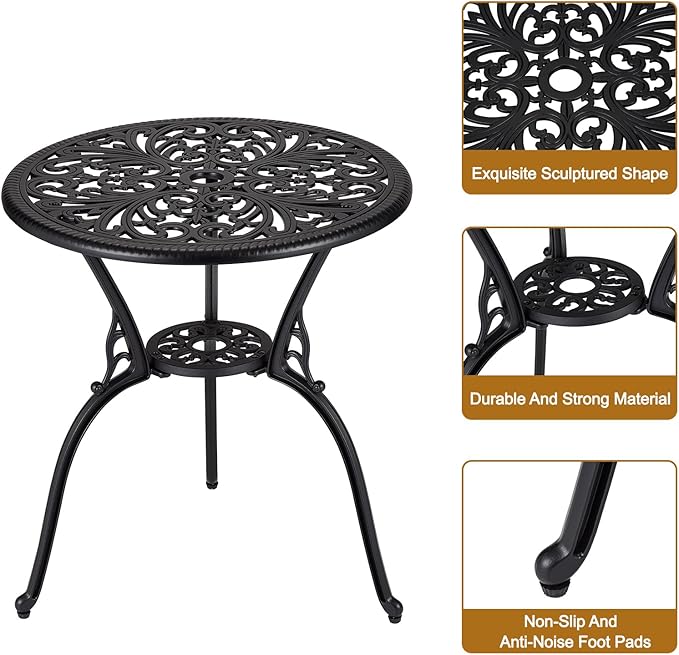 3 Piece Bistro Set, Outdoor Bistro Table and Chairs Set of 2, Rust-Resistant Cast Aluminum All Weather Patio Outdoor Bistro Set with Umbrella Hole for Backyard, Balcony, Front Porch, Black