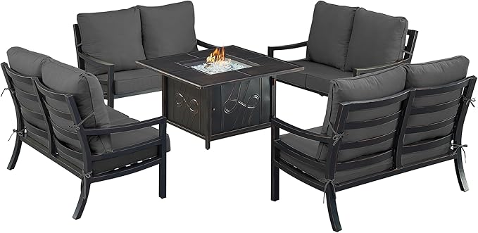Oakland Living Black Aluminum Patio Fire Table Set with Four Deep Seating Loveseat with Cushions with Black Cushions