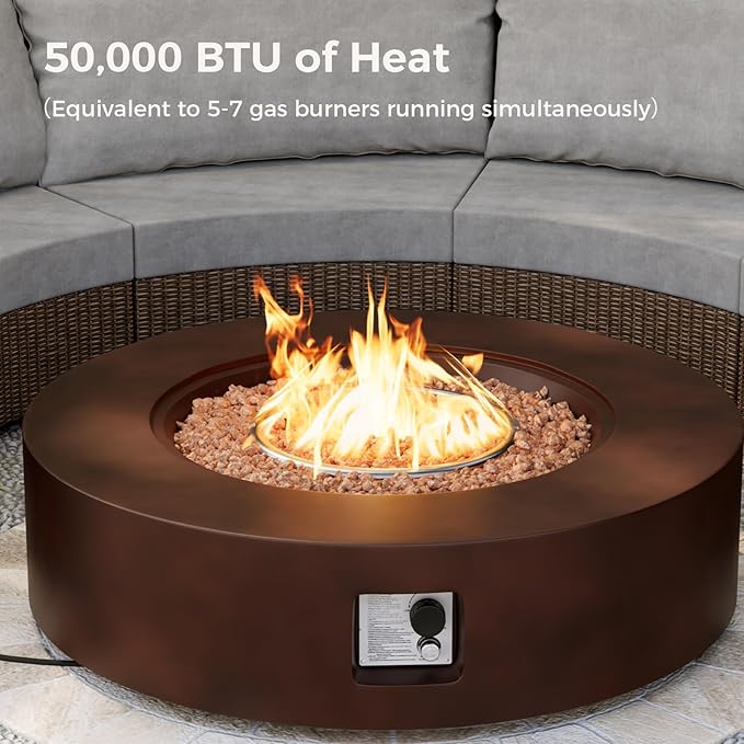 SUNBURY Outdoor 42 Inch Propane Fire Pit Table,CSA Certified,Dark Brown Patio Fire Table 50,000 BTU w 20 lbs Tank Cover, Waterproof Cover, Free Lava Rocks