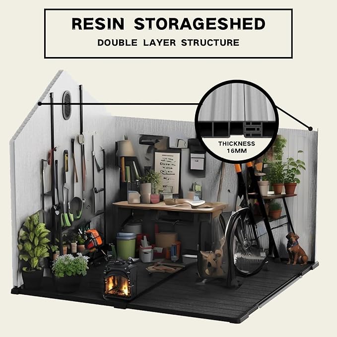 6x8 FT Outdoor Storage Shed with Hinge Door,Window & Air Vent,Outdoor Plastic Tool House W/Waterproof Tilted Roof,Heavy Duty Stroage Unit for Backyard,Patio,Lawn,Garden,Grey+Black