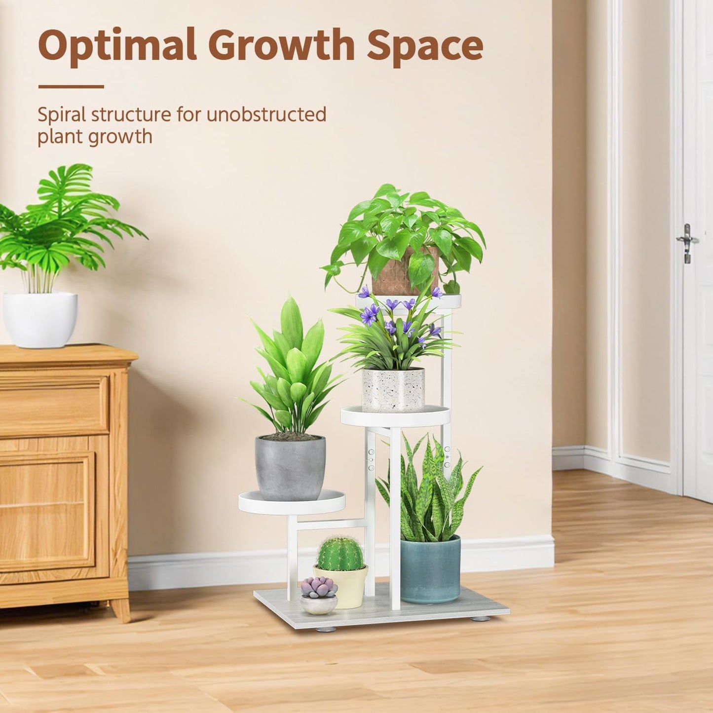 LASZOLA White 3 Tier Plant Stand Indoor Heavy Duty Rack for Modern House Planter, Metal and Wooden Vertical Organizer Decor Narrow Bathroom Floor, Sturdy Multi Level Flower Holder Raised, Cat Proof