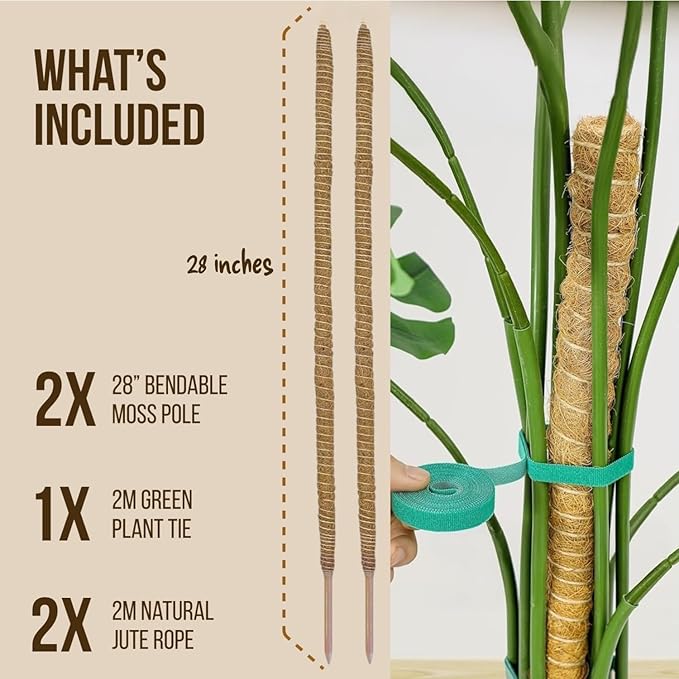 Moss Pole Monstera Plant Support – 2 Pack 28” Bendable Moss Pole Monstera Plant Support, Plant Stakes for Indoor Plants, Tall Plant Sticks Support for Climbing Plants