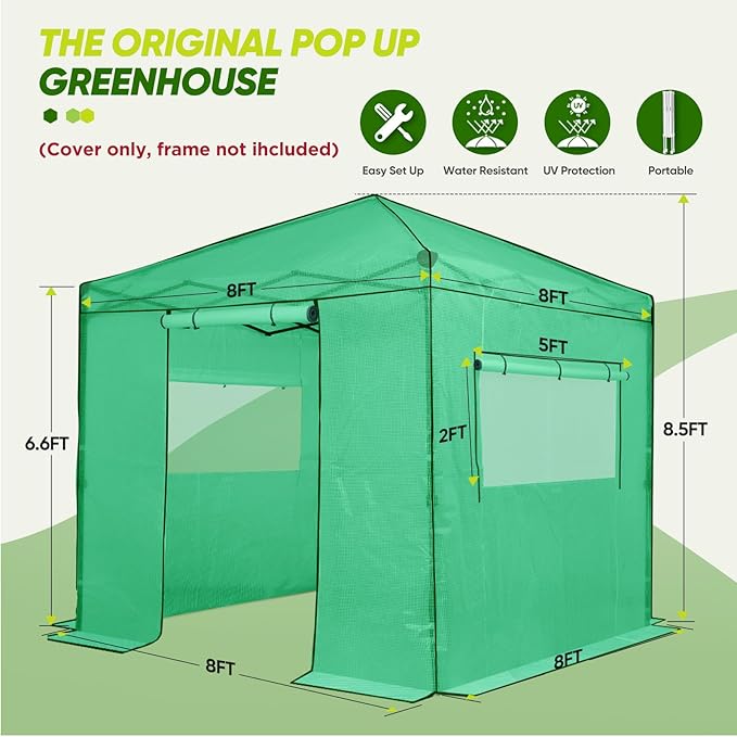 EAGLE PEAK Replacement Cover for 8x8 Portable Walk-in Pop up Greenhouse, Front and Rear Roll-Up Zipper Entry Doors and 2 Large Roll-Up Side Windows (Frame Not Included), Green