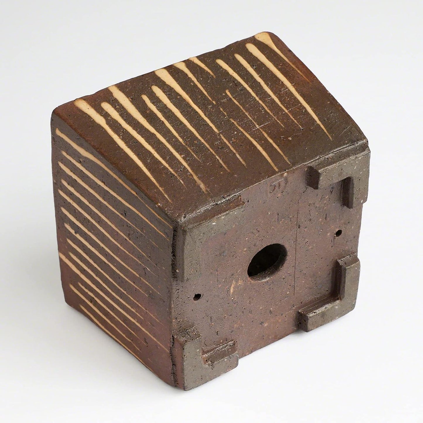 Wazakura Tokoname Series Small Handmade Striped Square Bonsai Pot with Drainage Hole 4.1in (105mm) Made in Japan, Ceramic Training Starter Container, Decorative Flower Planter - Brown