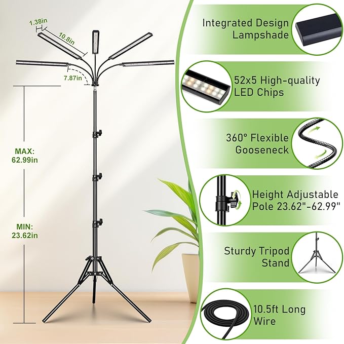 FOXGARDEN Grow Lights for Indoor Plants with Stand, Full Spectrum Plant Lights for Indoor Growing with Flexible Gooseneck, Five-Head Floor Grow Lamp with 4/8/12H Timer & 4 Brightness Levels
