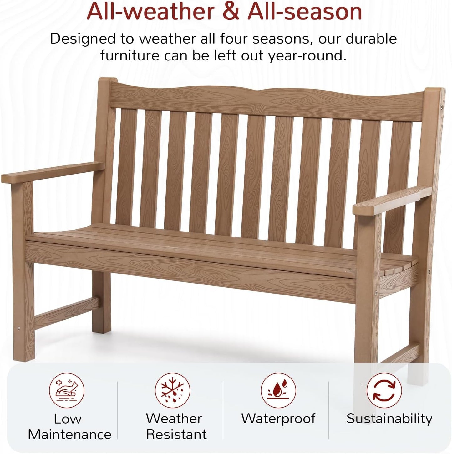 Outdoor Bench, 2-Person Poly Lumber Garden Bench, All-Weather Outside Bench with 800 lbs Weight Capacity, Never Rot or Fade, Looks Like Real Wood, Teak