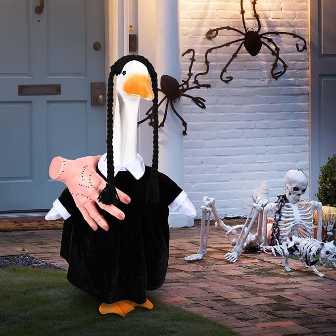Teemico Halloween Porch Goose Outfits Lawn Goose Clothes Fits 23" Cement Plastic Goose Statue Black Dress Fake Hand Braid Wig for Halloween Outdoor Garden Yard Patio Decor