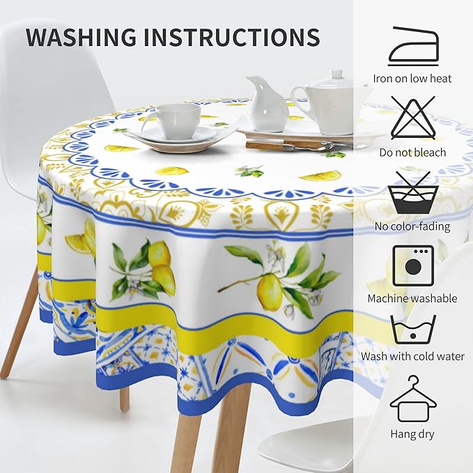 Giwawa Decorative Lemon Round Tablecloth Waterproof Table Cloth Wrinkle Free Tablecloths for Parties Wedding & Holiday Kitchen Dinner(60 Inch Round)