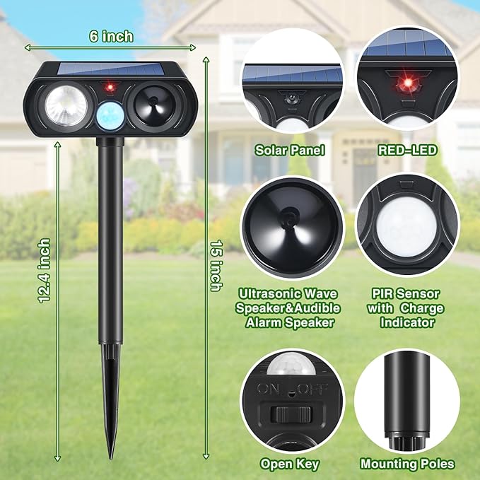 2025 4Pack Ultrasonic Animal Repellent Outdoor Solar Animal Repeller witht Motion Sensor&LED Strober Ligh Cat Deterrent Outdoor Deer Repellent Device to Scare Rabbit Fox Dog Raccoon Squirrel Skunk