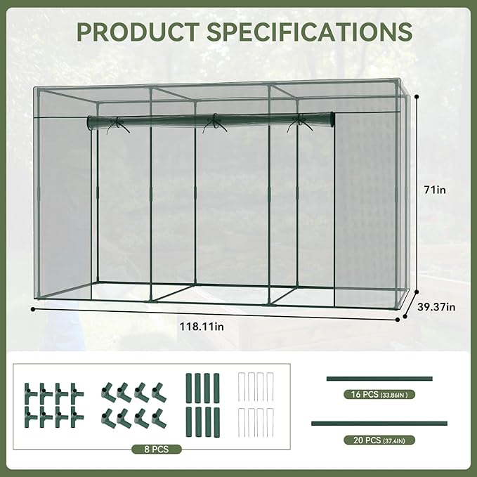 Crop Cages for Garden Plant, 9.8x3.3x6 Ft Plant Protection Tent with Zippered Door, Raised Bed Cover, Garden Bed Cover with Frame, Wind-Resistant Plant Cages for Outdoor Plants Vegetable Flower
