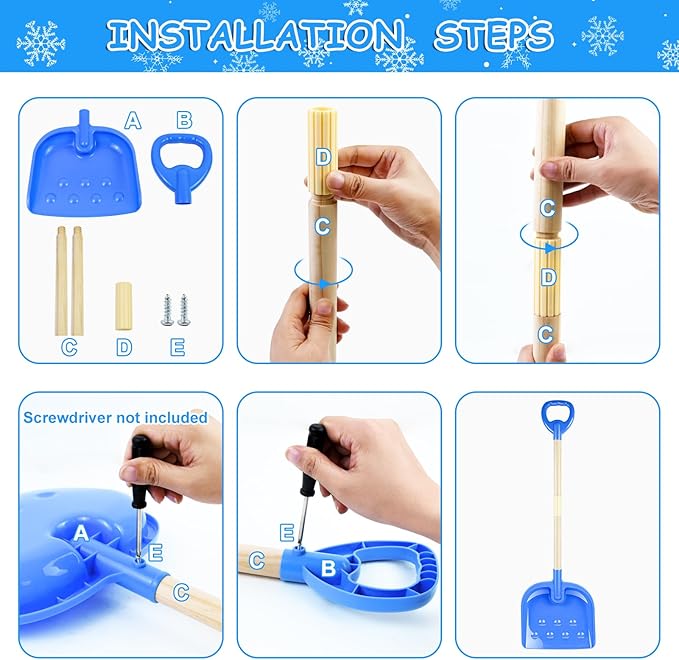 1PCS Kids Snow Shovel, 22"-32" H Detachable Wooden Childs Snow Shovel with Plastic D-Grip Handle and Scoop Winter Children Shovel Blue Toddler Shovels Outdoor Play Snow Gift for Boy Girl Snow Removal