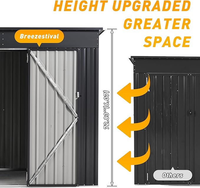 8'x4' Shed Galvanized Steel Storage Sheds with Triple Doors Utility Sheds for Vertical Storage, Dual Lock Lean to Shed with Sloped Roof for Mower, Bike, Garden Tools (Black)