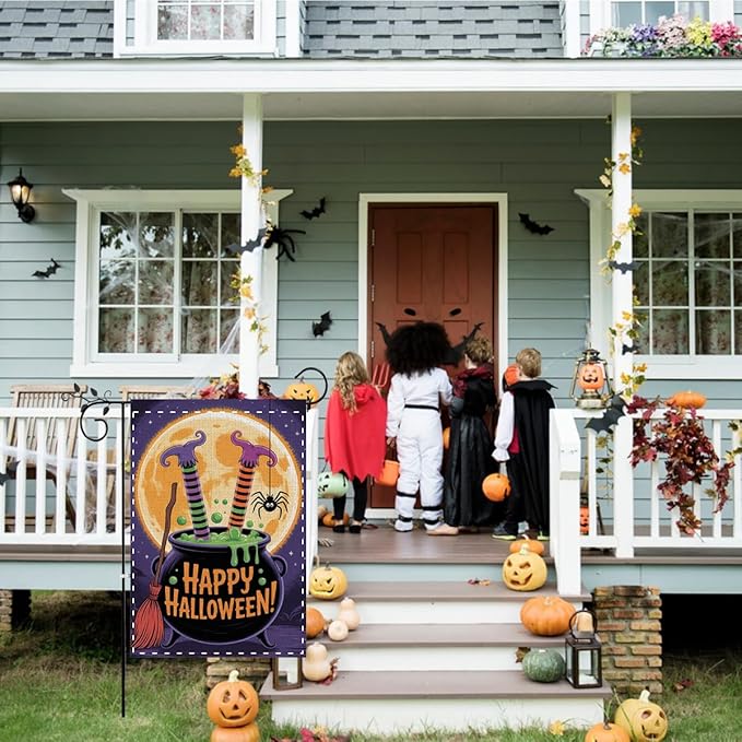 Fokongna Halloween Garden Flag, Happy Halloween Witch Feet Garden Flag, 12x18 Inch Burlap Vertical Double Sided Flags, for Home Yard Outside Decorations
