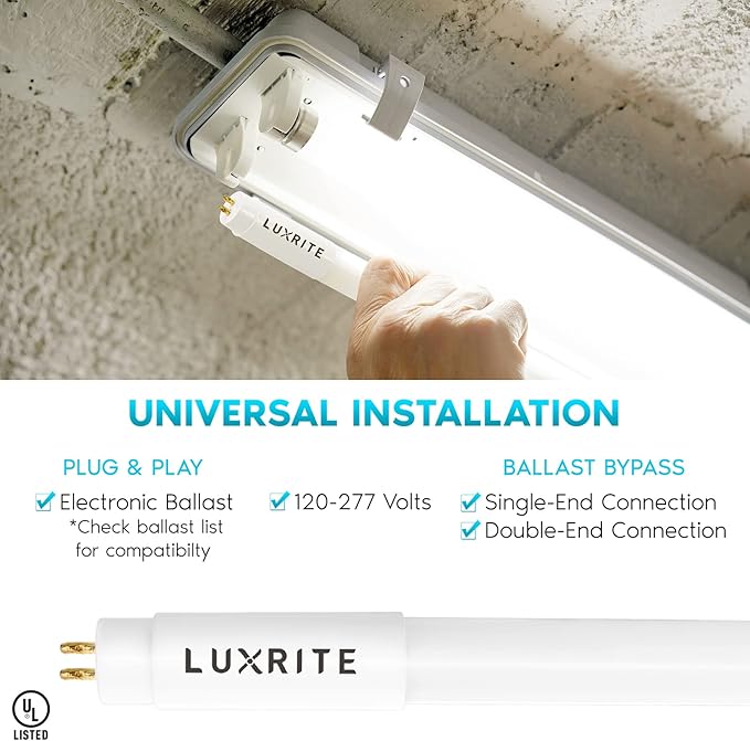 LUXRITE 4FT T5 LED Tube Lights, Type A+B, 24W=54W, 3500K Natural White, 45.78", Ballast and Ballast Bypass Compatible, Single or Double End Powered, F54T5 Fluorescent Replacement, Damp Rated (4 Pack)