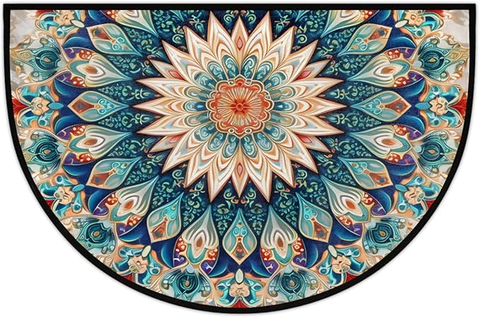 cfpolar Boho Vintage Mandala Flower Shape Half Round Semicircle Non Slip Soft Area Rug for Front Door Indoor Entrance Wear Resistant Welcome Mat for Garage Patio Home Decor 24 x 36 in
